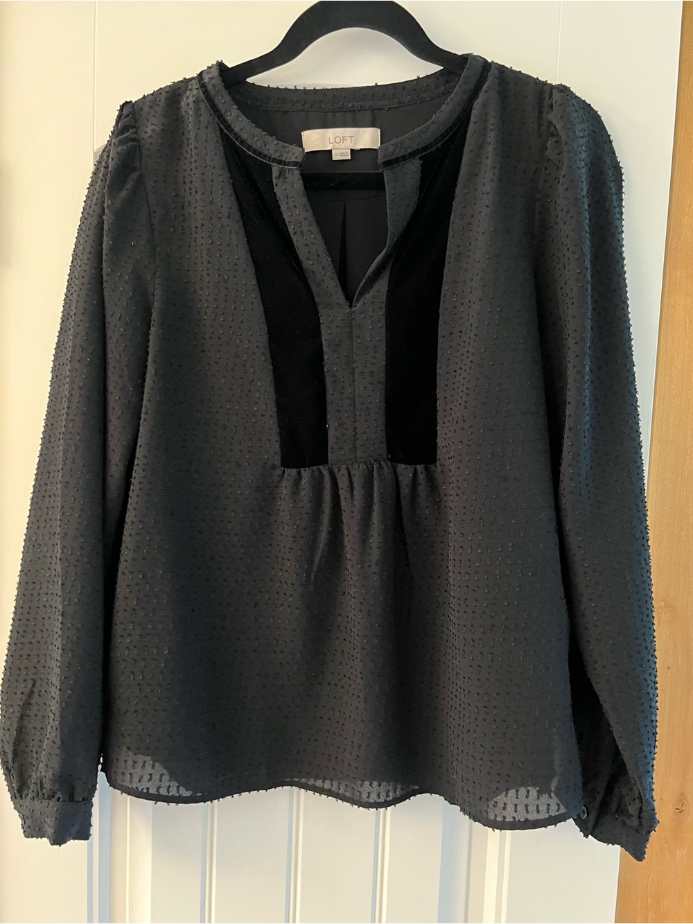 LOFT Black Long-Sleeve Textured V-Neck Blouse with Velvet Accents